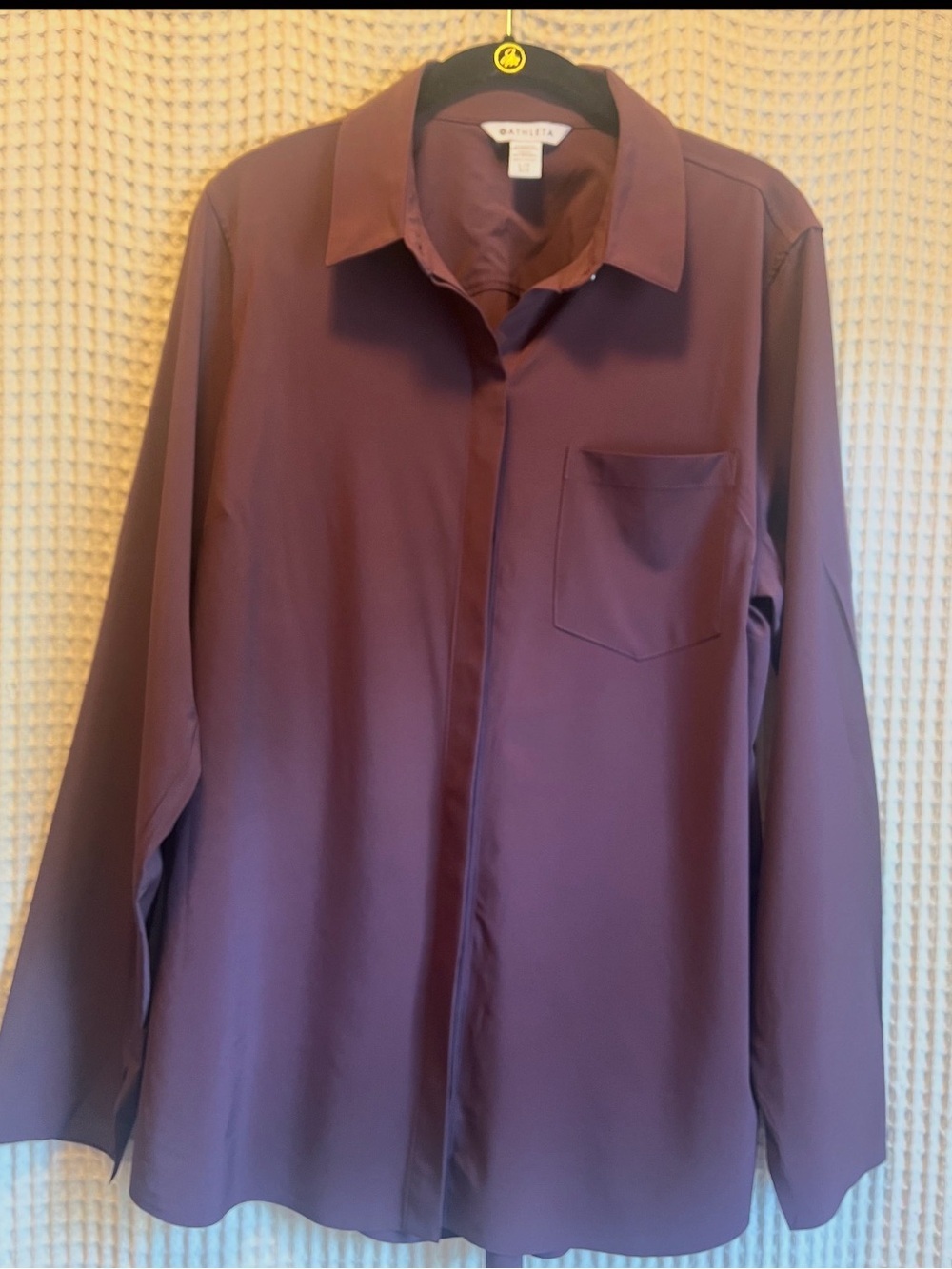 Athleta Button Front Blouse Large Tall Burgundy Plum Stretch Career Travel Top